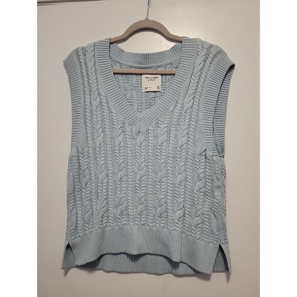 Abercrombie Fitch Crop Cable Knit Sweater Vest Women Blue V-Neck  Academia Med - Picture 1 of 5